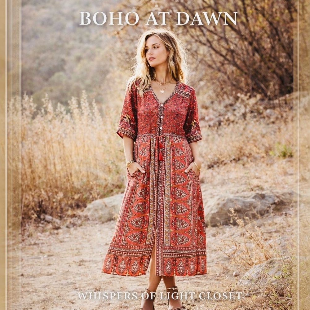 So Perla Boho Midi Dress Floral Paisley Tassel Button Pockets M
-